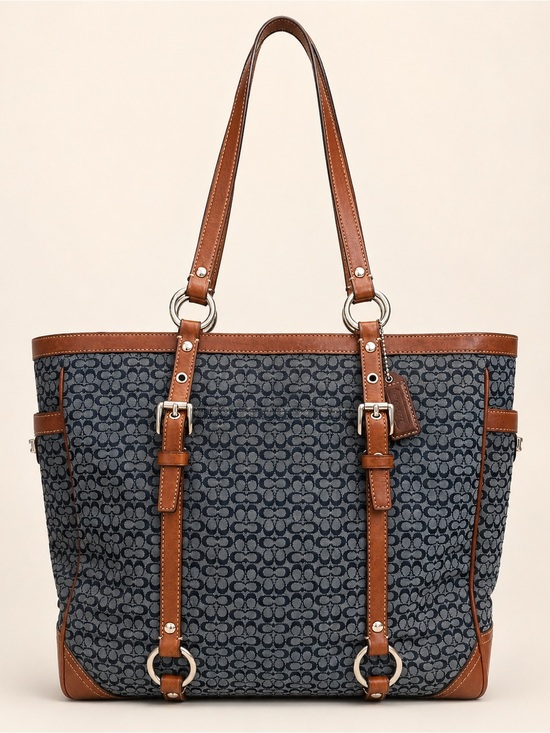 Coach Handbags - Coach Y2K Gallery Turnlock Tote Blue Denim Jacquard Tan Leather Trim Large